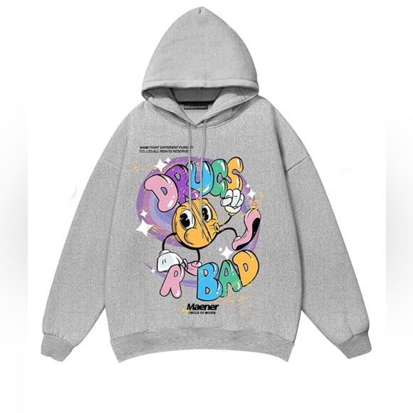 Gray Novelty Hoodie Drugs R Bad Cartoon Graphic Unisex👫Hooded Pullover Sz 2XL - Picture 5 of 5